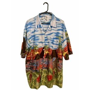 Blue Gear Hawaiian Shirt Sz XL parrots Volcano multicolor blue